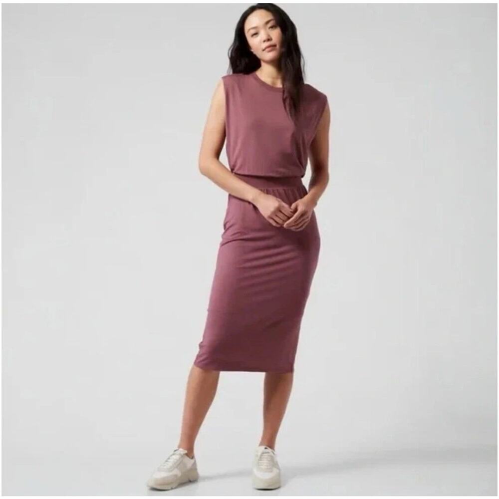 ATHLETA Santorini Cinch Dress Size M Sleeveless Midi Stretch Modal Tawny Rose